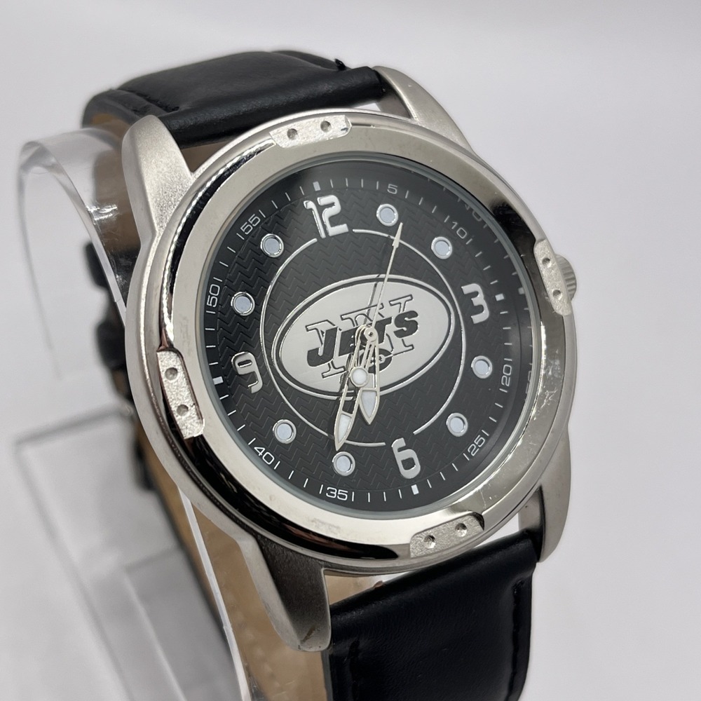 NY Jets Game Time Men's Quartz Watch 42mm Case Black Leather Band- New Battery